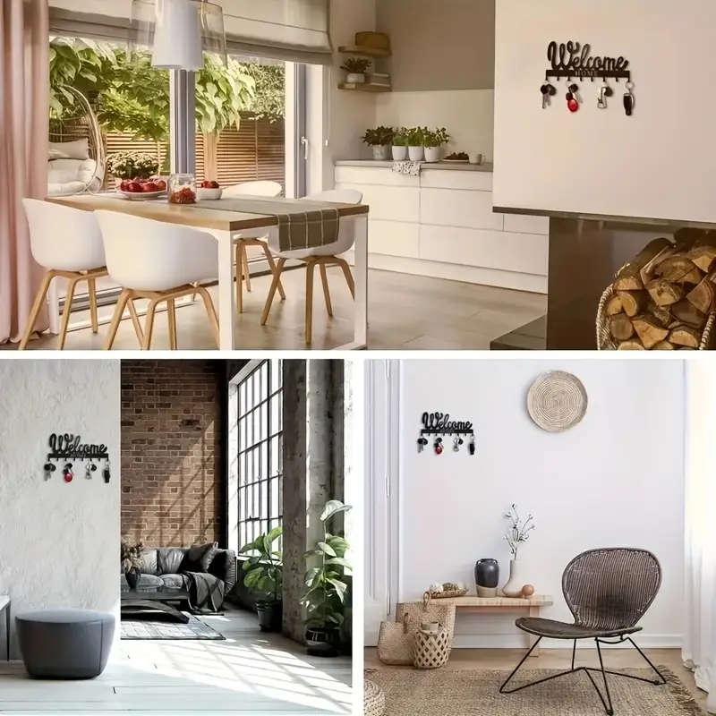 1pc Black Metal Welcome Home Key Holder with 8 Hooks Wall Mounted Key Rack for Keys Towels Coats Ver