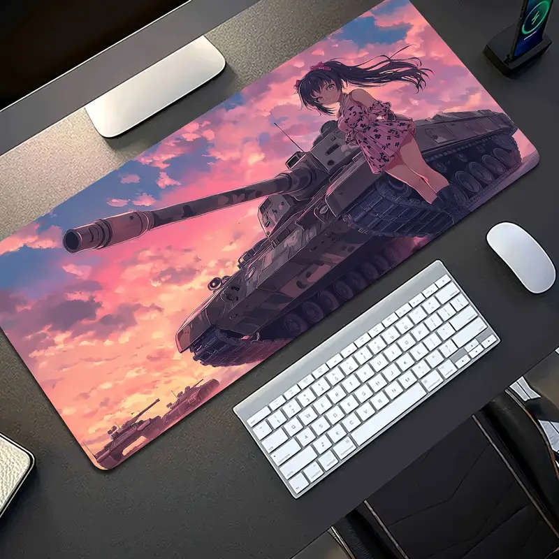 1pc 30x80cm Gaming Mouse Pad with Tank and Anime Girl Design Washable Non-Slip Rubber Desk Mat