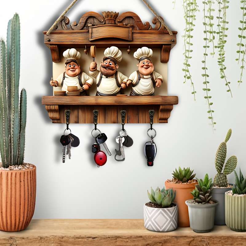 2D Flat 1pc Restaurant Chef Happy Partner Simple Colorful Wooden and Home Key Hanger with Four Me