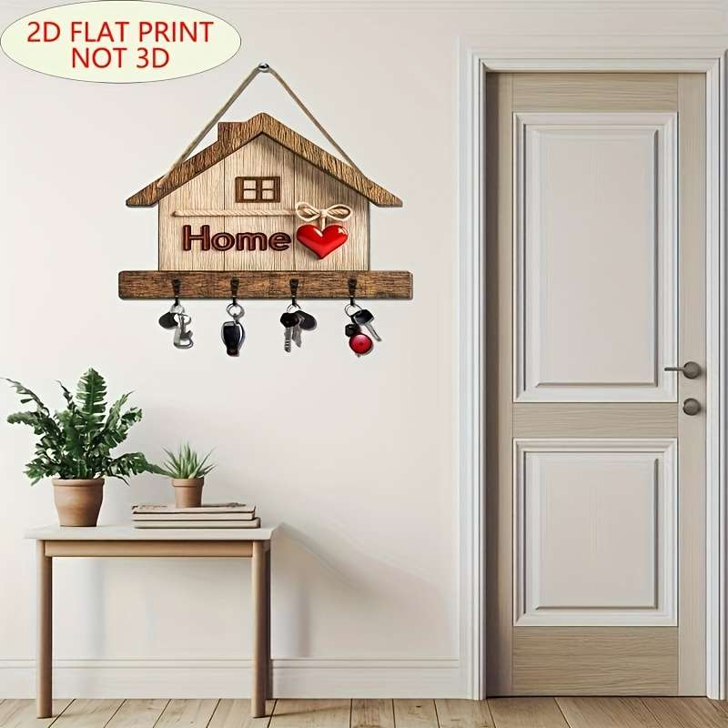 1pc Rustic Wooden Key Rack with 4 Metal Hooks Easy Wall-Mounted Installation Traditional Home Deco