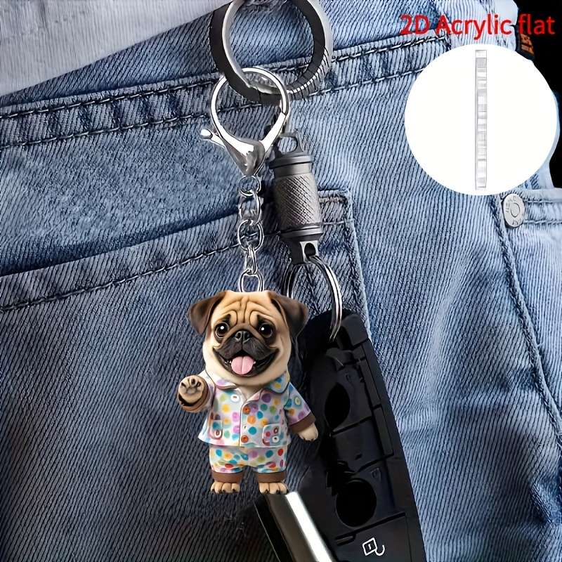 1pc 2D Flat   Keychain  Cute Pajamas Pug  Acrylic Keychain Cute Flat Keychain Ornament