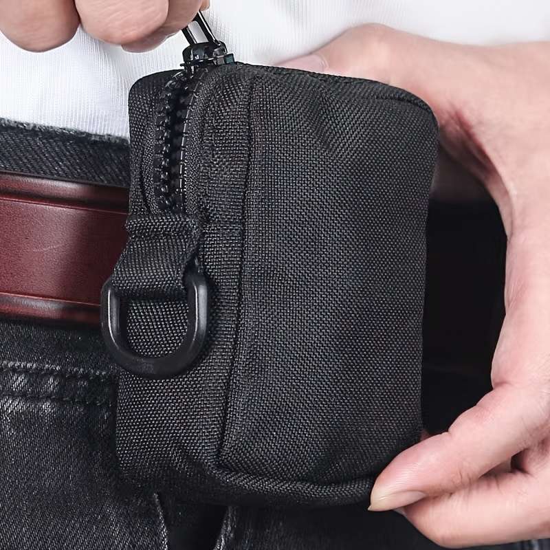 1pc Outdoor Canvas Waist Bag Black Oxford Cloth Secure Zippered Coin Pouch with Clip Durable