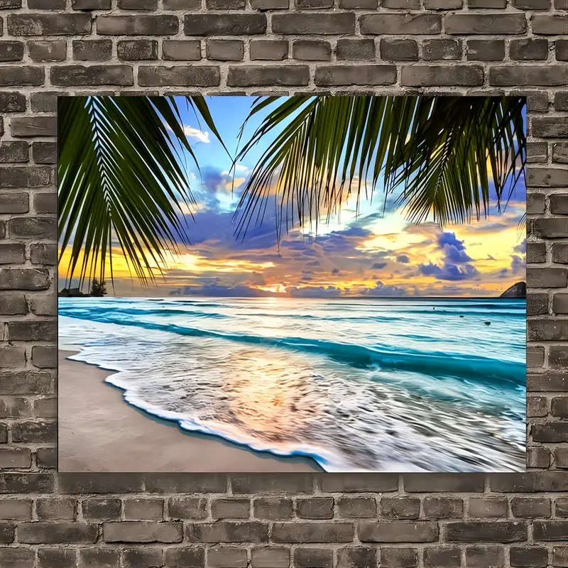 1pc Room Decor Coastal Sunset Beach Canvas Wall Art Tropical Palm Trees Seascape Print Woven Wooden