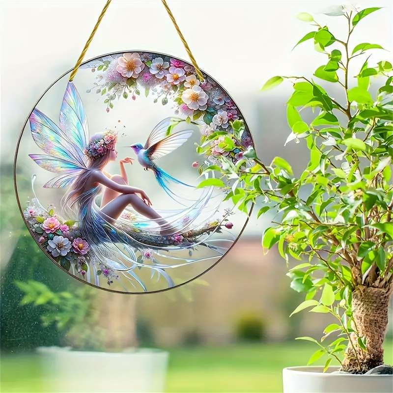 1pc 2D Flat  Glam Acrylic Fairy And Hummingbird Hanging Ornament Waterproof Scratch Resistant N