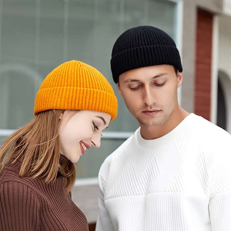 1pc Brimless Casual Style Fisherman Hat Short Ribbed Brimless Hat Lightweight Warm Winter Head