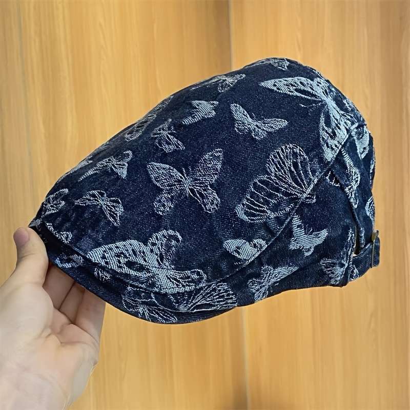 1pc Vintage Butterfly Denim Beret for Women Adjustable Sun-Protective Fashion Cap with Tie-Dye D