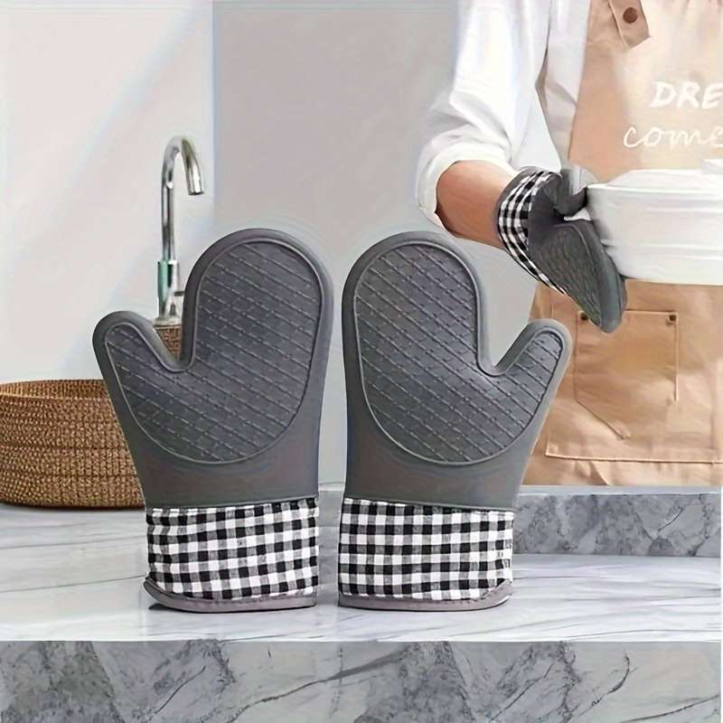 2pcs Non-Slip Silicone Kitchen Mitts Hand Wash Only Outdoor Cooking Safety Gear Check Pattern