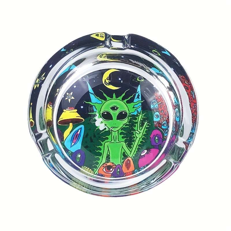 1pc Whimsical Alien Mushroom Design Glass Ashtray Round Colorful Cartoon Pattern for Home Deco