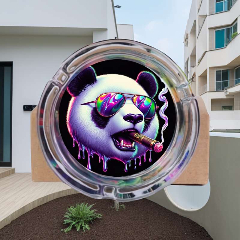 1pc Stylish Panda Ashtray Round Glass Design with Cool Fashion Glasses Cigar Theme Durable