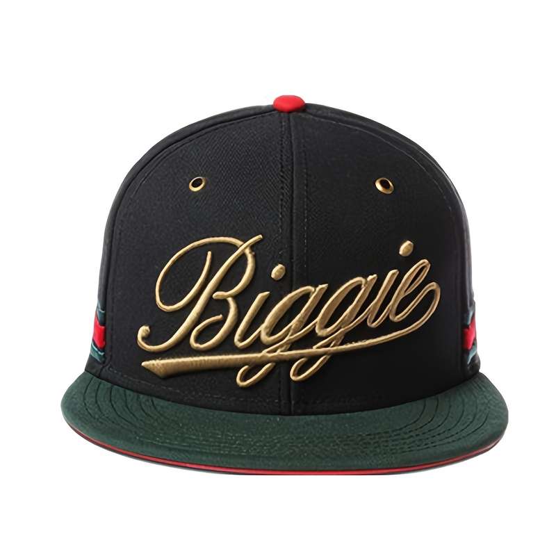 1pc Biggie Golden Embroidered Flat Brim Snapback Hat Adjustable Lightweight Black with Green