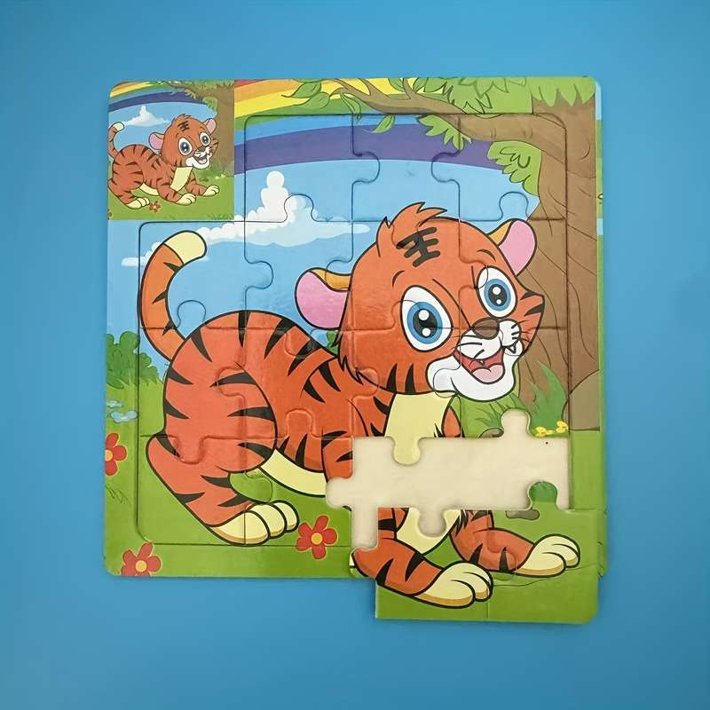 1pc Wooden Tiger Puzzle Vibrant Orange Kitten with Rainbow Flowers Design Ideal