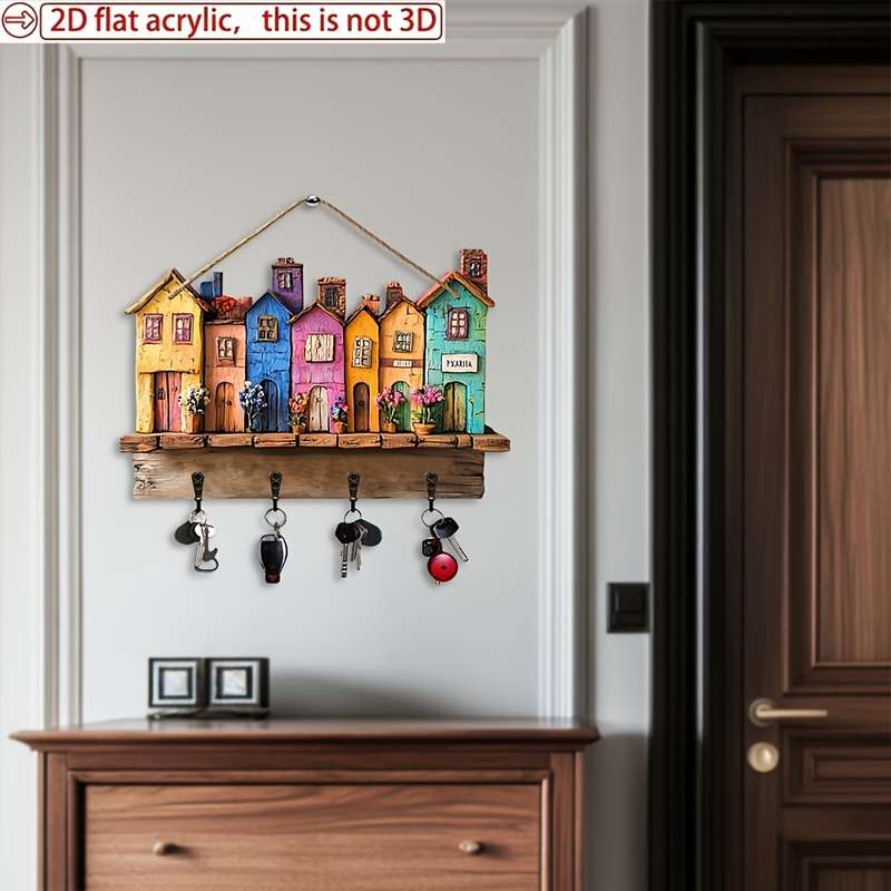 1pc Classic Home Wooden Wall Keychain 29.97cm X 22.86cm with 4 Metal Hooks Multipurpose Home Deco