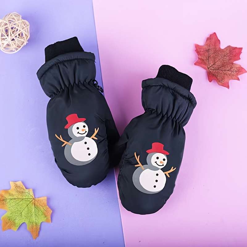 1 Pair Snowman Black Size 3 To 6 Years Old Warm Gloves