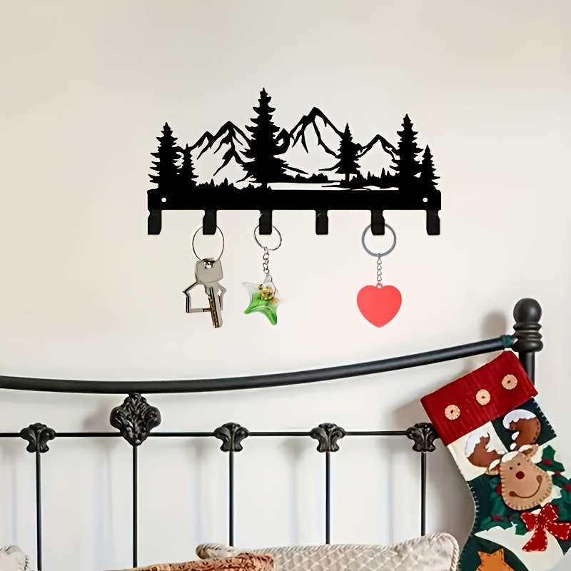 Rustic Forest Metal Key Holder Wall Mount Stylish Mountain  Pine Tree Design with 6 Hooks for Key