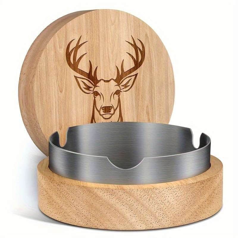1 Oak Deer Head Pattern Ashtray Creative Fly Ash Ashtray With Lid Home Office Car Wooden Asht