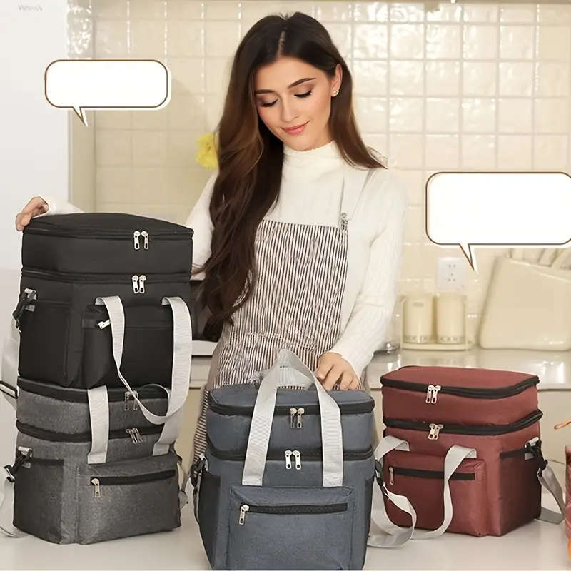 1pc Large Insulated Lunch Bag Double-Layer Leakproof Reusable Cooler Tote for Picnics Travel