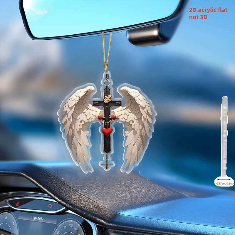 1pc 2D Flat   Acrylic Cross Pendant with Angel Wings Car Mirror Bag Keychain Accessory