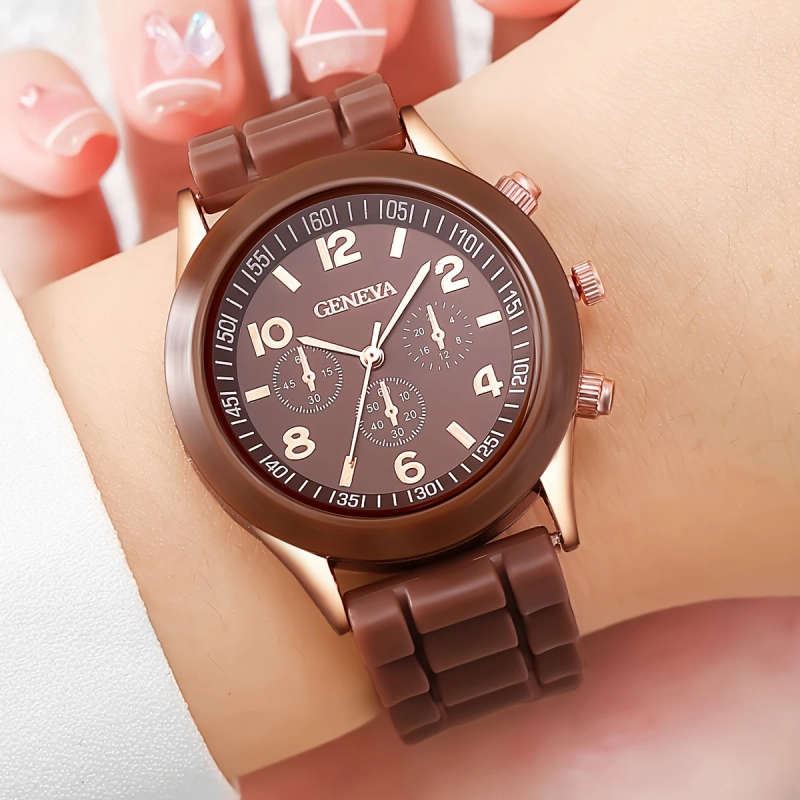 2pcs Fashionable Silicone Quartz Watch Heart Charm Bracelet Set Purple Rose Golden Case with World
