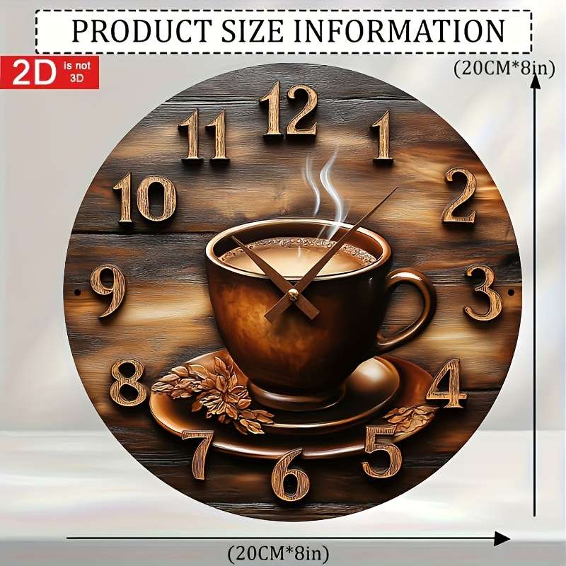 1pc 2D Flat Rustic Wooden Wall Clock with Coffee Cup Design Classic Vintage Style Not real clock