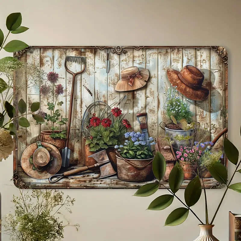 1pc Vintage Floral Metal Tin Sign 30.48x20.32cm  Indoor Outdoor Wall Decor for Home Office Cafe Bar