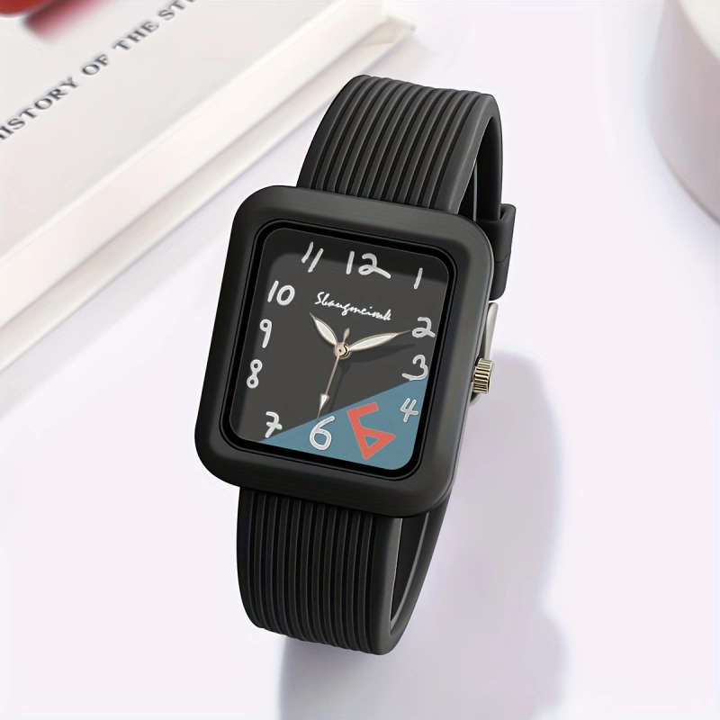 1pc Fashionable Quartz Watch With Striped Silicone Strap Colorblock Dial Rectangular Case Elegant