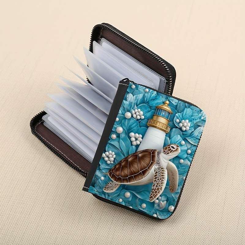 1pc Floral Turtle Print Zipper Wallet 24 Card Slots Coin Purse ID Holder Stylish Card Cas