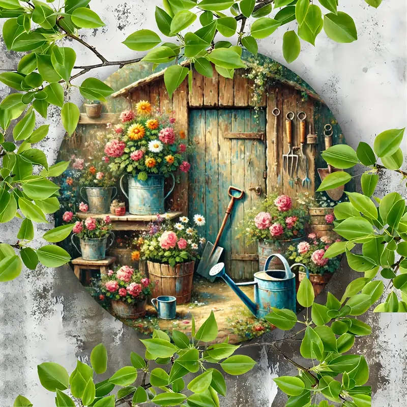 1pc Vintage Floral Garden Shed Round Metal Sign Aluminum Foil Engraving Wall Decor for Cafe Garage F