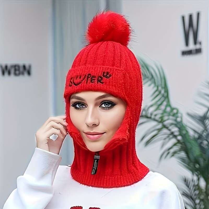 1pc Warm Elastic Knitted Winter Beanie with Pom Pom and Zipper for Women