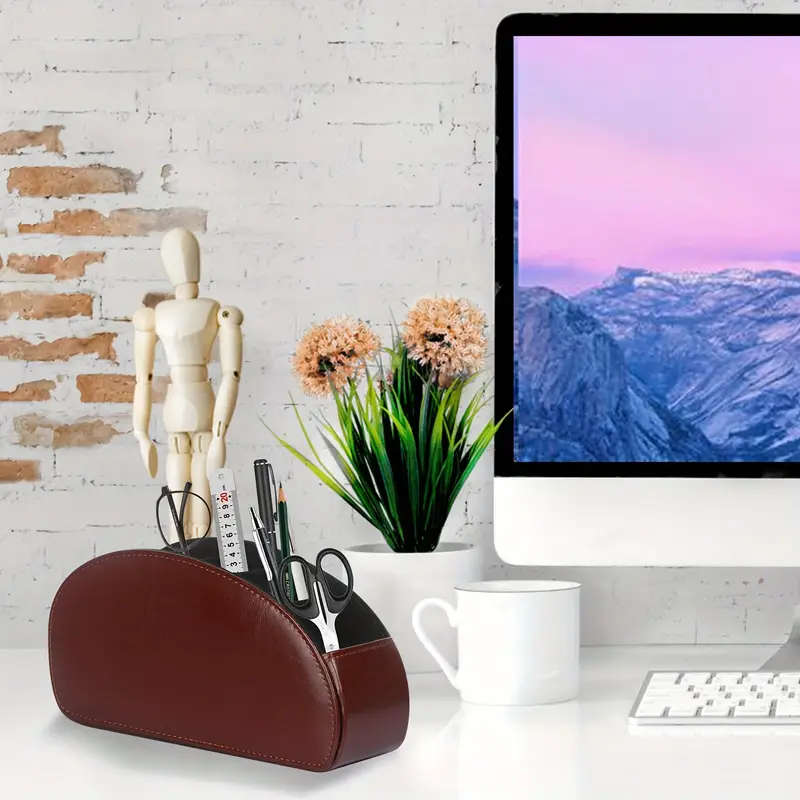 1pc Remote Control Holder with 5 Compartments PU Leather Remote Control Box for Desktop Storage Suit
