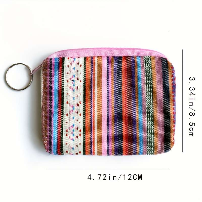 1pc Boho-Chic Retro Striped Canvas Zipper Wallet Lightweight Clutch with Coin Pocket Multifuncti