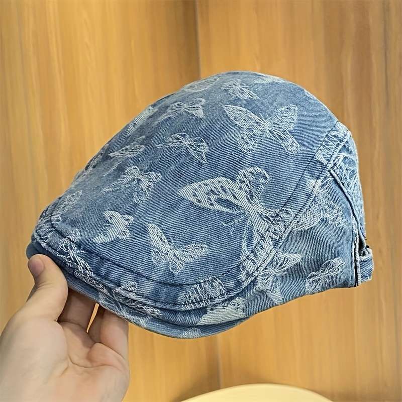 1pc Vintage Butterfly Denim Beret for Women Adjustable Sun-Protective Fashion Cap with Tie-Dye D