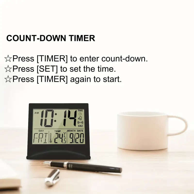 1pc Digital Travel Alarm Clock Foldable Calendar Temperature Timer LCD Clock With Snooze Mode Large