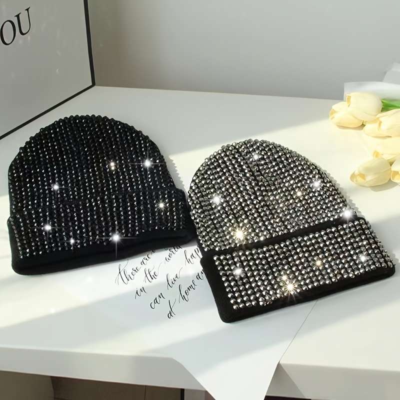 1pc Women'S Black Acrylic Beanie with Sparkling Rhinestones Stylish Double-Layer Knit Hat for Fal