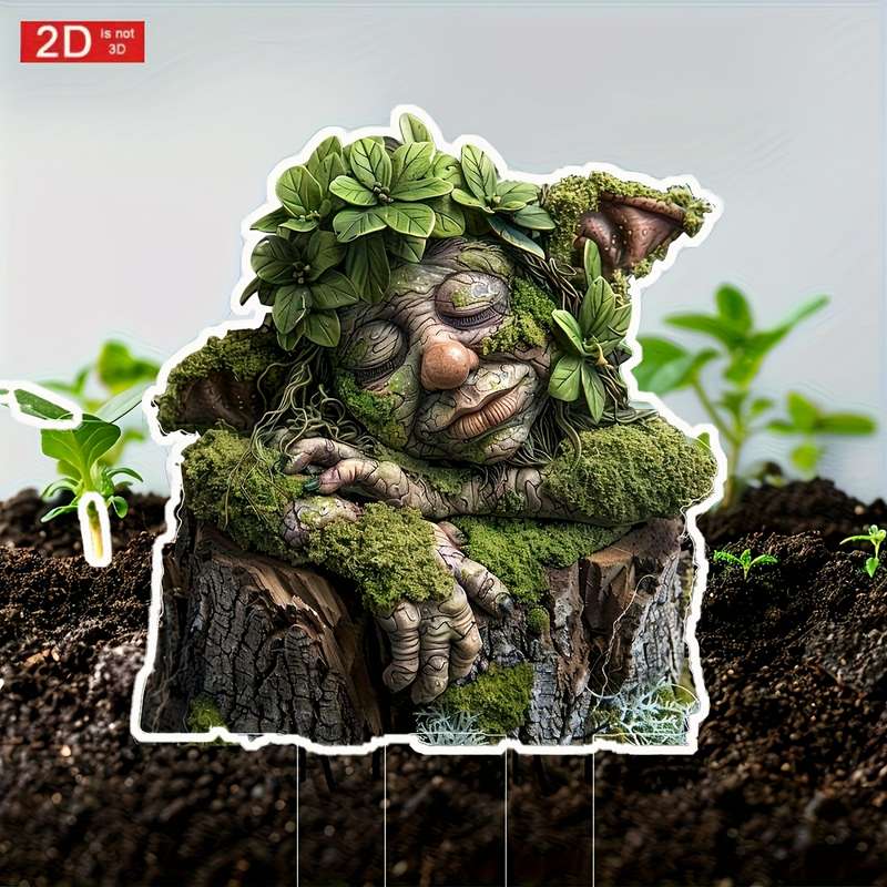 1pc 2D Flat   Acrylic Garden Stake Decoration Whimsical Tree Face Design with Mossy Bark Foli
