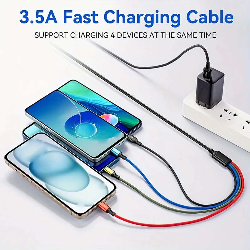 1pc Double Android 4-In-1 Braided Multi-Fast Charging Cable Multiple Charging Cables High-Speed Data