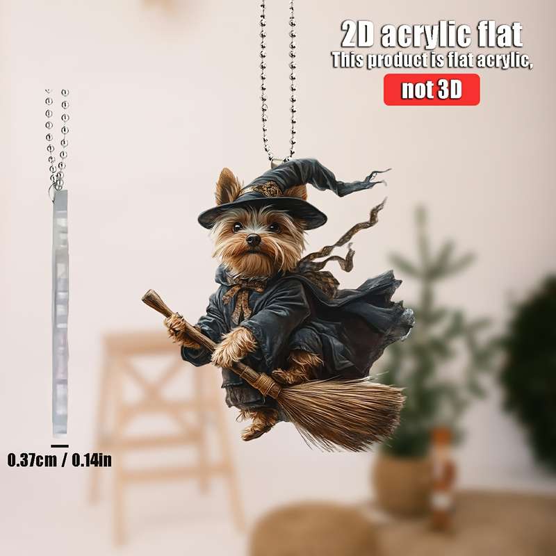 1pc 2D Flat   Yorkshire Terrier Magician  Acrylic Pendant Whimsical Dog in Wizard Costume w