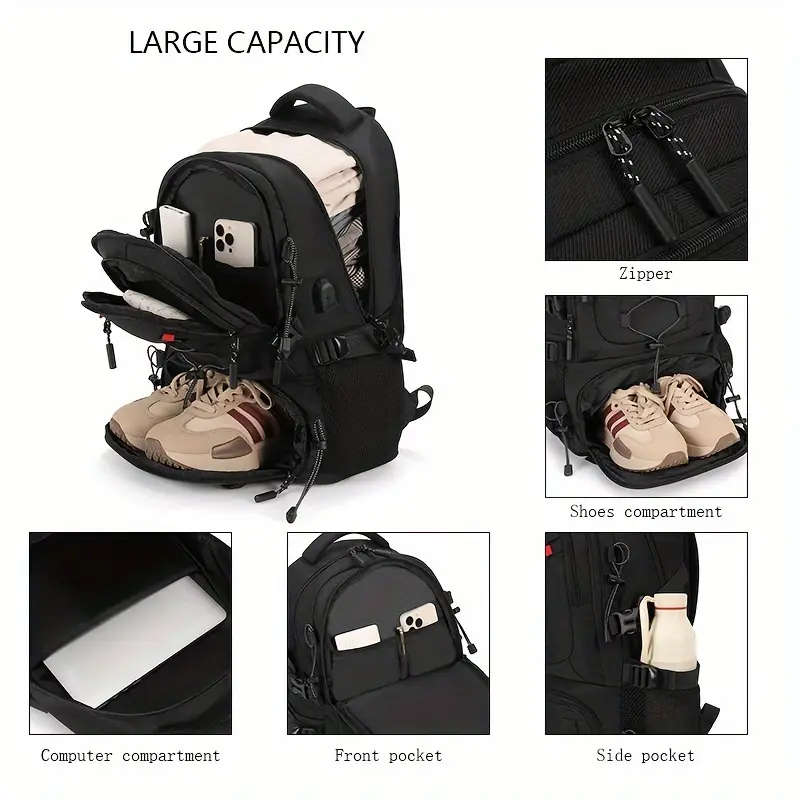 1pc Large Capacity Laptop Backpack with Shoe Storage Casual Polyester Travel Bag Outdoor Hiking Ruck