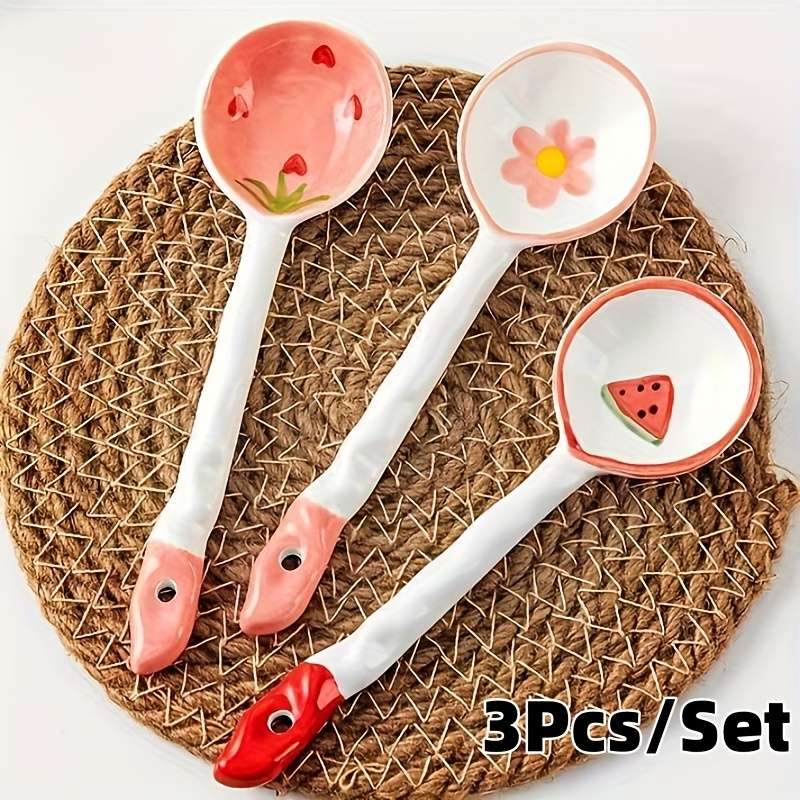 3pcs set Premium Cartoon Ceramic Spoon Set Anti mold Anti slip Antibacterial High temperat