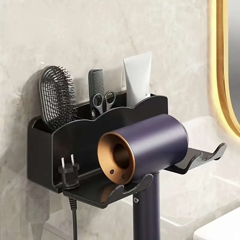1pc Wall-Mounted Hair Dryer Holder with Storage Shelf Plastic Hanging Shelf for Bathroom No-Drill In
