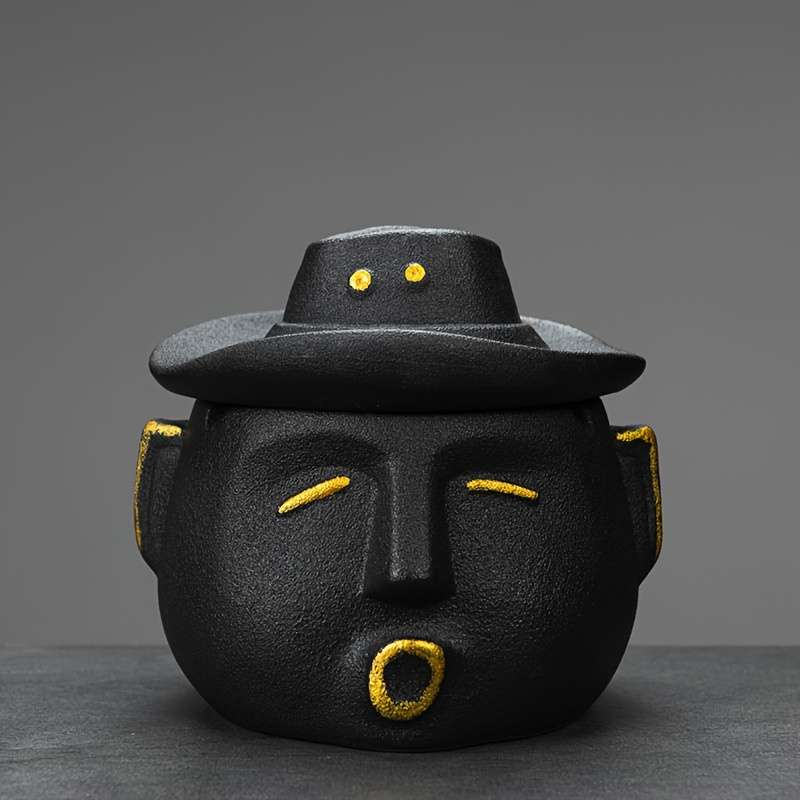 1pc Unique Ceramic Ashtray with Lid C Stylish Cowboy Hat Design Black Yellow Aesthetic Home Deco