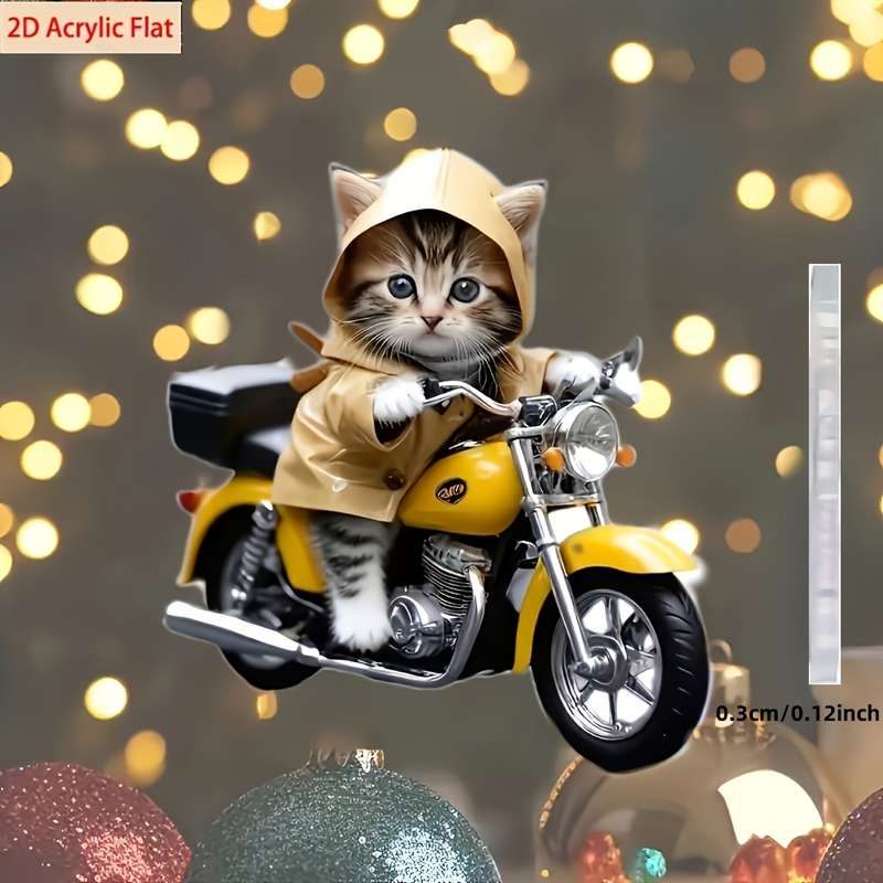 1pc 2D Flat  Acrylic Car Dangling Charm Classic Style Acrylic Cat Riding a Motorcycle Keychain B