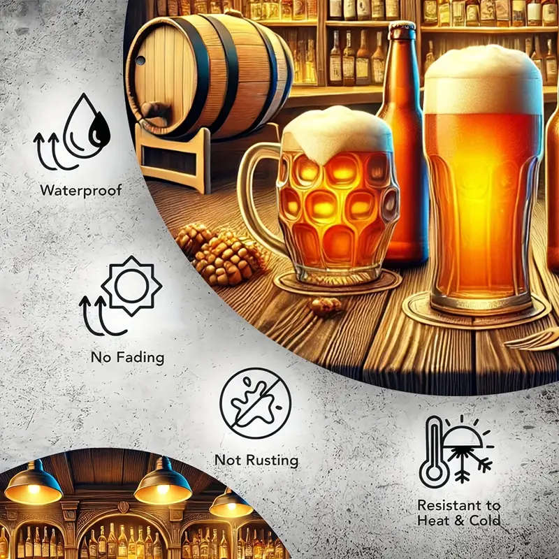 1pc Aluminum Beer Bar Scene Round Sign 20cm Foiled Engraving Art with Frothy Mugs for Home Office Pa