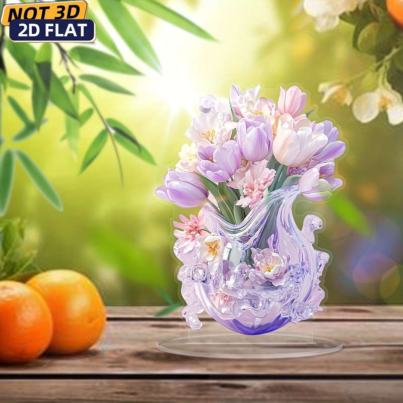 1pc 2D Flat  1 Bohemian Acrylic Tulip Vase with Display Stand Office Desk and Living Room Desktop F