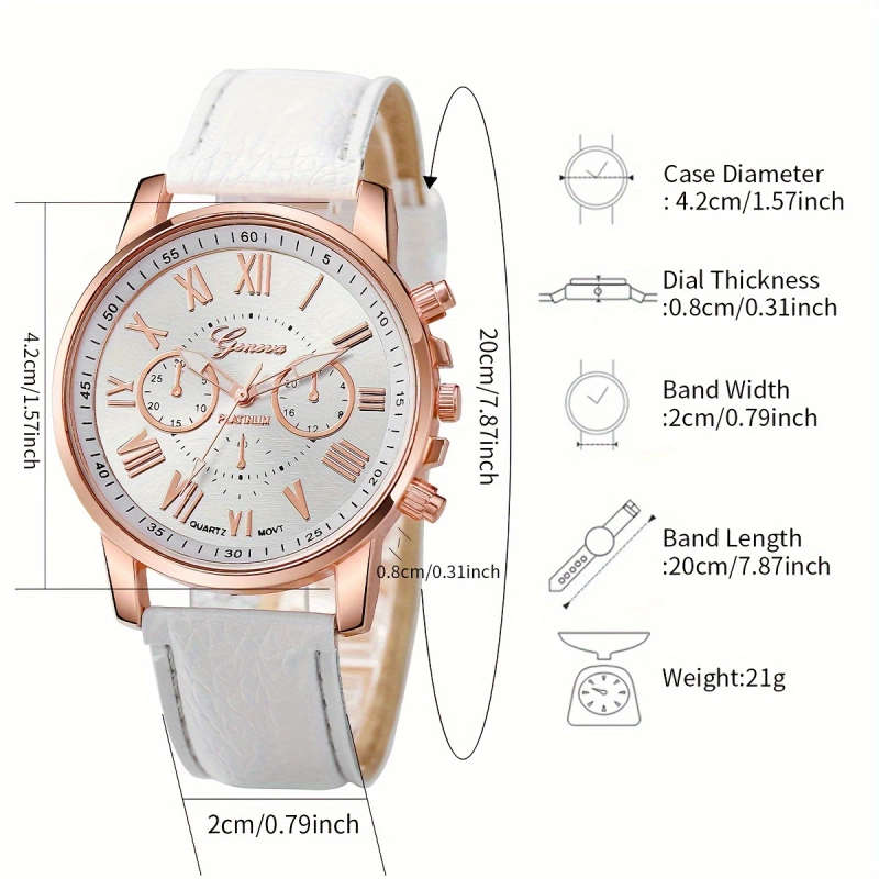 6pcs set Elegant Women'S Quartz Watch with Roman Numerals Dial and Jewelry Set Round Alloy Case PU L