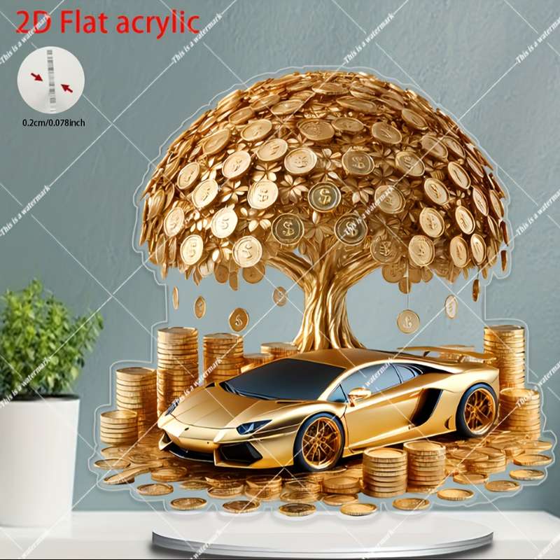 1pc 2D Flat  Acrylic Golden Tree Car Wall Art Bohemian Style  Design No Battery Needed