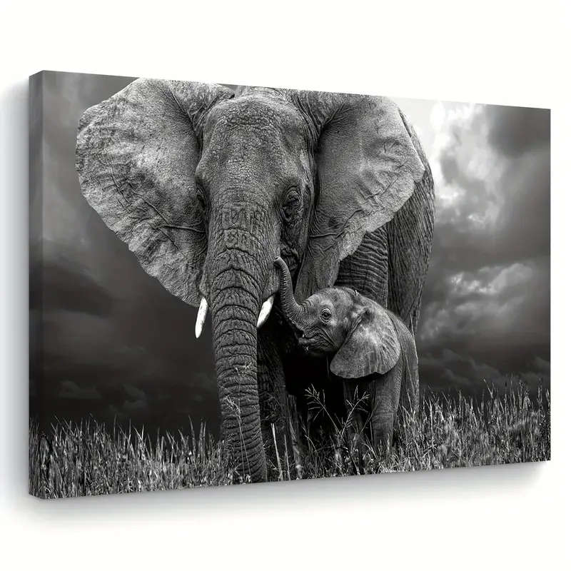 1pc Wooden Framed Canvas Painting Black and white animal art African elephant Wall Art Prints for Li