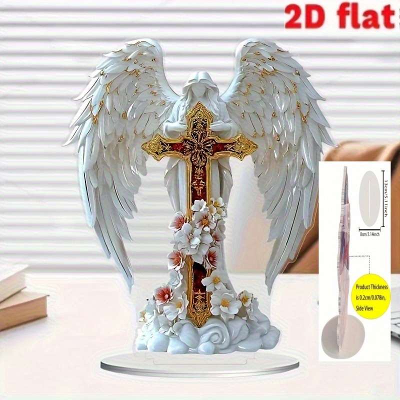 1pc 2D Flat  Acrylic Angel and Cross Centerpiece Decoration with Floral Decoration Suitable for P