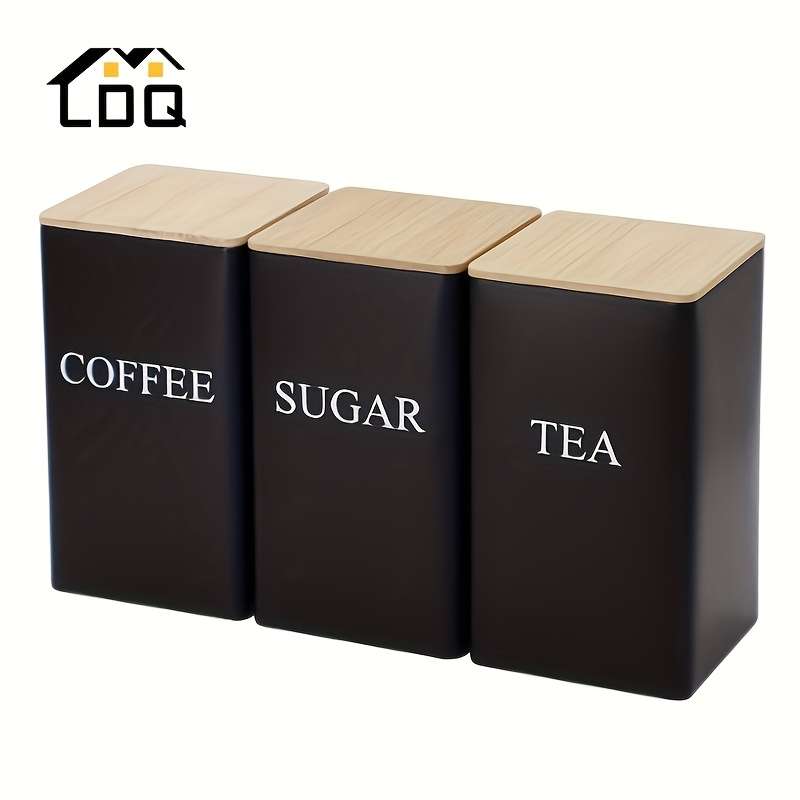 LDQ Set of 3 Iron Kitchen Canisters with Wooden Lids Washable Uncharged Engraved Label Stor