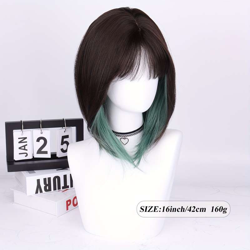 1Pc Brown Black+Green 40.64cm Fashion Design Wig