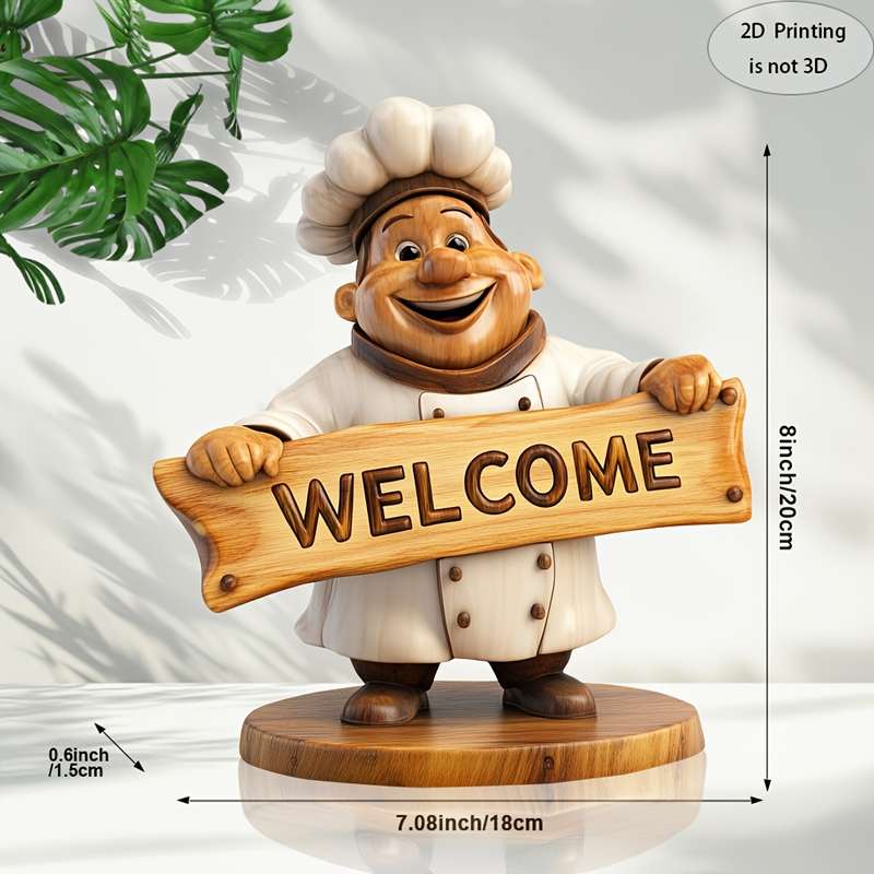 1pc 2D Flat Handmade Wooden Welcome Sign Sculpture with Chef Figurine Elegant 2D Printed Home T